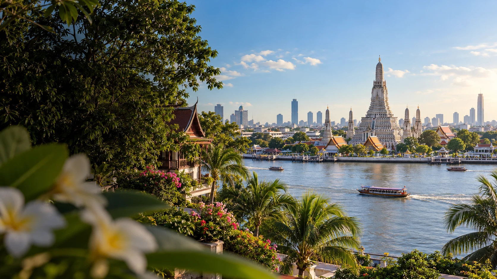 Tropical greenery overlooking Wat Arun and the Chao Phraya River in Bangkok
